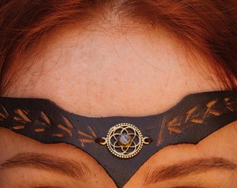 Leather Viking Gemstone Tiara  Adorn With Spiritual Sign, Celtic Headband Adorned With Semi Preciouse Stone Cabochon, Elven Forehead Jewelry