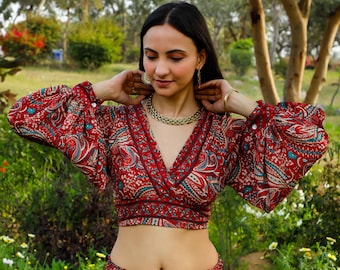 Burgundy Boho Crop Top To Tie In The Back || Top With Puffy Sleeves And Open Back || Women's Summer With Flower And Paisley Print
