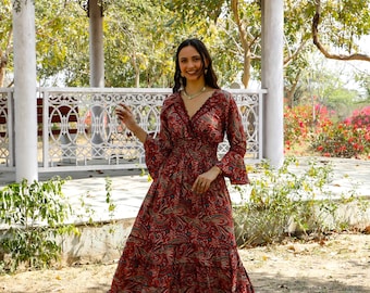 Burgundy Bohemian Paisley And Flower Polyester Dress || 3/4 Sleeves Colorful Fluid Dress || Free Size Summer Dress || Flared Sleeves Dress