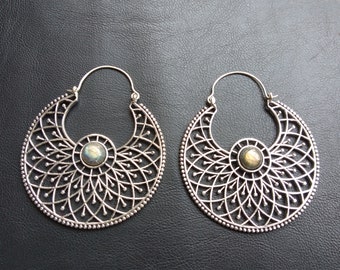Very Large Ethnic Hoop Earrings Decorated with Semi Precious Stones || Over Size Oriental Earrings With Natural Stones