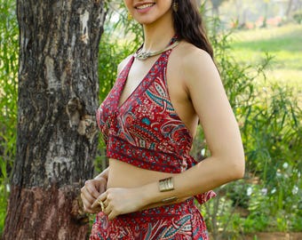 Burgundy Bohemian Backless Top || Open-Back Bralette with Paisley Prints || Polyester Halter Bra Top  To Tie In The Neck and In The Back