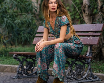 Floral Print Casual Pants || Bohemian Green Pants with Pockets || Wide Fluid Pants