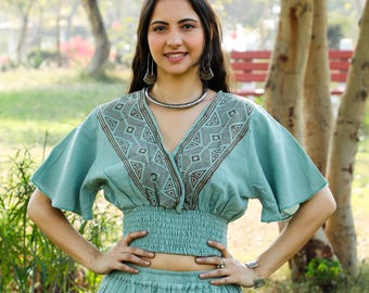 Sage Bohemian Butterfly Short Sleeves Top || Flared Sleeves Crop Top ||  Vegetable Dye Short Top || Boho Natural Material Free Size Top