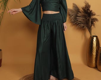 Boho Wide Leg Pants | Dark Green Viscose Palazzo Trousers | High Waist Flowing Bohemian Pants