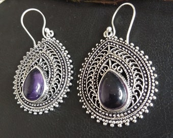 Silver  Color Dangle Earrings with Semi Precious Stones || Medieval Natural Stones Drop Earrings