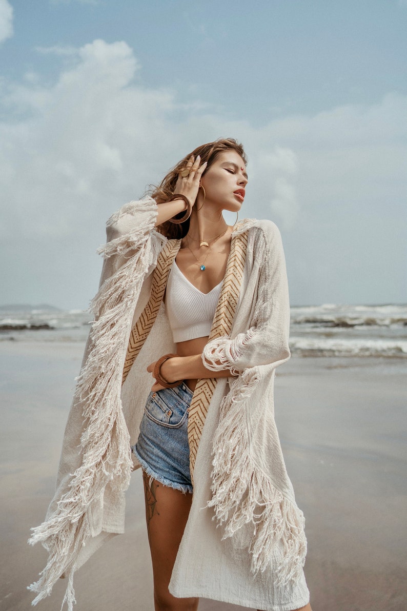 Bohemian Chic Kimono || Ethnic Print Kimono || Natural Material Kimono || One Size Kimono || Hemp Kimono in Off-White Beige