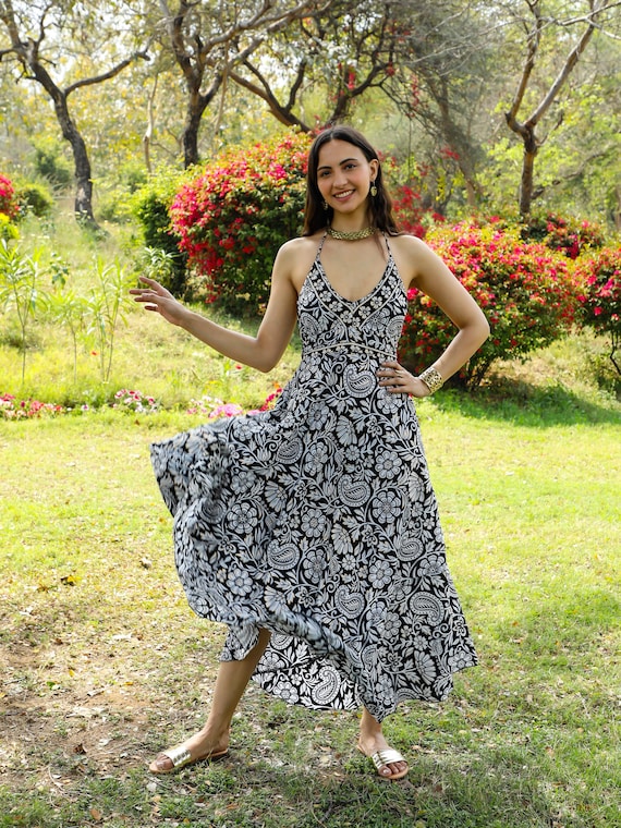 Handmade Bohemian Floral Maxi Dress: Black & White Halter Dress Handmade Bohemian Floral Maxi Dress: Black & White Halter Dress