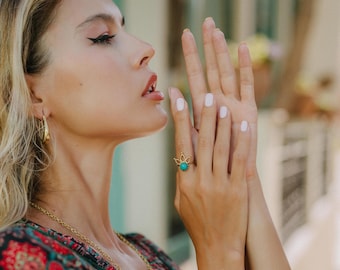 Bohemian Golden Adjustable Ring With Semi Precious Stone ||   Flower Petals Brass Ring  With Gemstone || Ethnic Natural Stones Ring