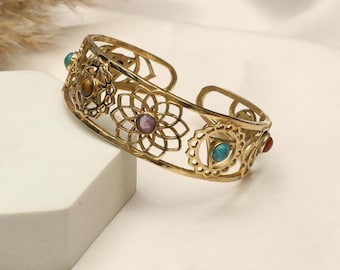 7 Chakra Symbol Cuff Bracelet | Spiritual Filigree Brass Bangle With Chakra Gemstones | Yoga Meditation Jewelry | Boho Energy Healing Cuff
