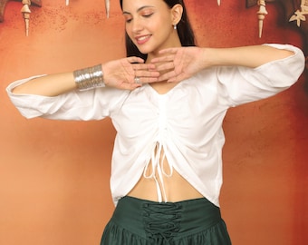 Medieval-Inspired Off-White Cotton Crop Top Ajustable Length  With Drawstrings  and 3/4 Ruffle Sleeves