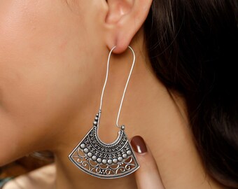Oversized Tribal Hoop Earrings Decorated With Geometric and Oriental Patterns || Ethnic Bohemian Atypical Long Brass Hoop Earrings