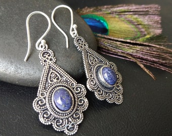 Silver Dangling Earrings With Semi Precious Stones || Bohemian Chic Ethnic Gemstone Earrings || Medieval  Drop Earring with Gem Stone