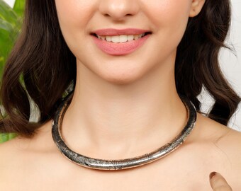 Silvered Brass Ethnic Chocker With Baroque Floral Print Inspired By Viking Torque || Hollow Tubular Rigid Tribal Necklace