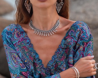 Silvered Brass Ethnic Choker Necklace || Adjustable Oriental Necklace || Bohemian Afghan Style Necklace