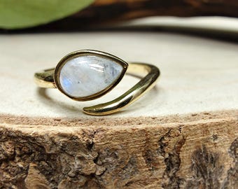 Adjustable Minimalist Brass Wrap Ring  Adorn With A Drop Shape Natural Gemstone || Everyday Modern  Stone Ring