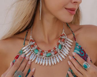 Silvered Brass Tribal Bib Necklace: Turquoise & Red Beaded Choker