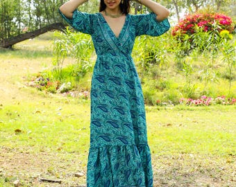 Petrol Blue Bohemian Chic Polyester Maxi Dress || Paisley Tie Back Dress || Fluid Wide Sleeves Dress || Ruffled Bottom Dress