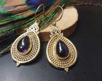 Handmade Golden Brass Earrings | Lapis Lazuli Gemstone, Ethnic Style