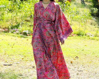 Bohemian Magenta Kimono || Colorful Fluid Paisley Print Long Lounge Wear Vest || Free Size Pink Polyester Dressing Gown