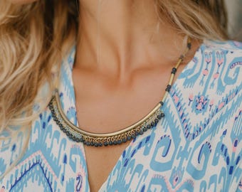 Charm Tube Necklace || Minimalist Beaded Half Circle Necklace || Half Moon Curved Brass And Beads Necklace