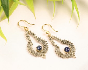 Boho Brass Teardrop Earrings with Gemstone I Tribal Dangle Earrings | Ethnic Statement Jewelry