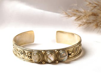 Triple Oval Gemstone Cuff Bracelet With Celtic Spiral Engravings | Boho Tribal Brass Bangle | Ornate Scrollwork Wrist Cuff