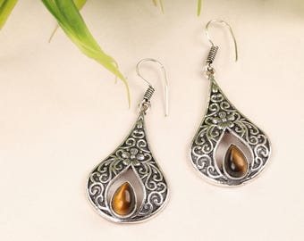 Brass Teardrop Gemstone Earrings | Ornate Silver Tone Drop Earrings | Handmade Boho Jewelry | Natural Stone Earrings Gift