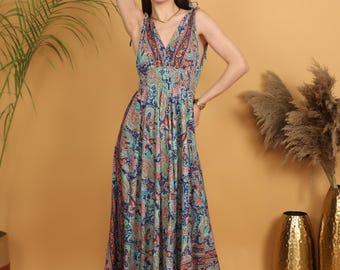 Colorful Boho Goddess Maxi Dress | Multicolor Paisley Print | Soft Polyester | Flowy Festival & Resort Dress