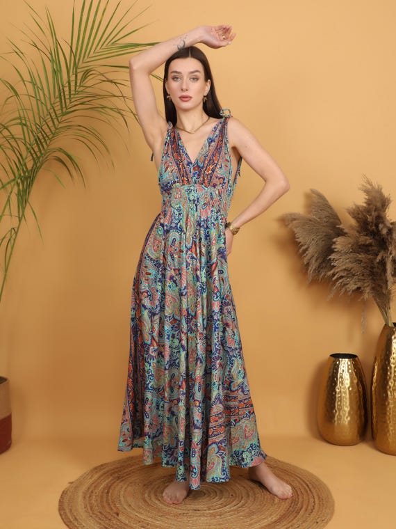 Colorful Boho Goddess Maxi Dress | Multicolor Paisley Print | Soft Polyester | Flowy Festival & Resort Dress
