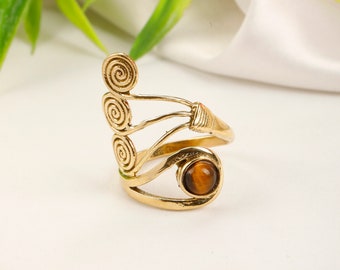 Golden Adjustable Ring Adorned with Spirals || Brass Adjustable Boho Ring with Natural Stone Stone ||  Ethnic Ring with Gemstone