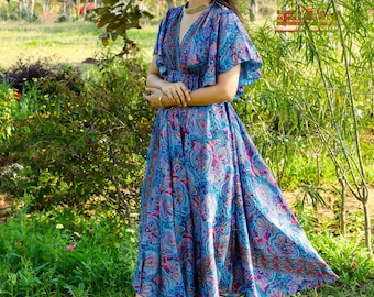 Blue Bohemian Butterfly Sleeves Maxi Dress || Open Back Paisley Print Maxi Dress || Loose Polyester Tie Back Dress