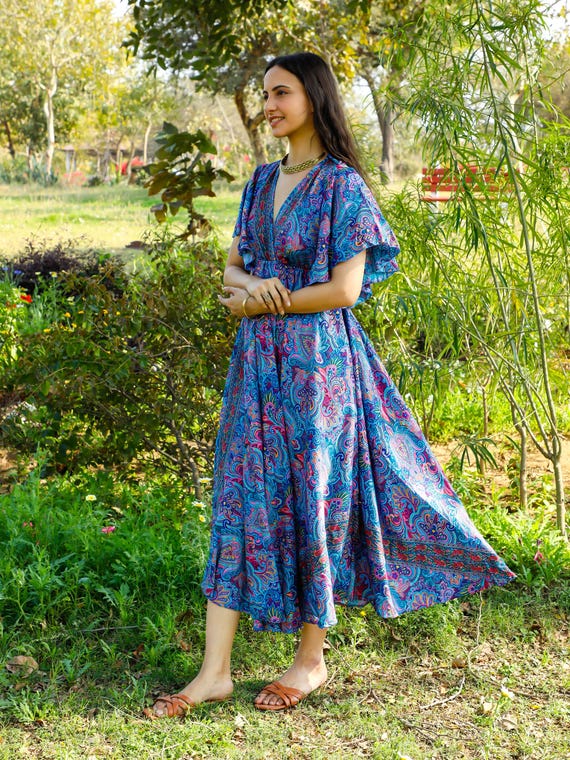 Teal Bridesmaid Dresses Teal Summer Dresses Handmade Blue Paisley Maxi  Dress: Bohemian Butterfly Sleeve Open Back