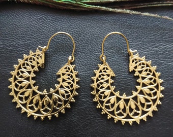 Ethnic Brass Hoop Earrings || Decorated Bohemian Earrings || Original Openwork Women's Hoops || Oriental Mandala Earrings