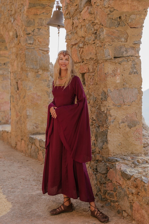 Handmade Burgundy Medieval Dress: Viscose Gown With Lace-up & Umbrella Sleeves - Etsy Handmade Burgundy Medieval Dress: Viscose Gown With Lace-up & Umbrella Sleeves - Etsy