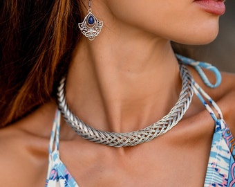 Braided Torque Choker || Viking Choker || Silver Color Tribal Necklace || Torque Style Choker In Crisscross Brass Wires