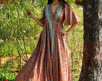 Bohemian Red Wrap Dress || Long Floral Print Dress || Polyester Butterfly Sleeves Maxi Dress