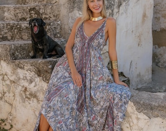 Elegant Shades Of Grey Hilight With Golden Bohemian Evening Dress || Ruffled Long Dress With Low Back || Free Size Floral Print Party Dress