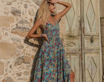 Bohemian Maxi Dress to Tie in the Neck || Floral Print Long Polyester Dress Elasticated In The Back || Flowy Backless Dress With A Side Slit