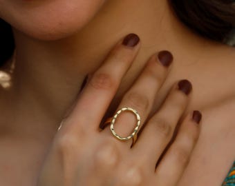 Geometric Minimalist Hammered Brass Ring || Oval Adjustable Ring || Bohemian Openwork  Free Size Ring