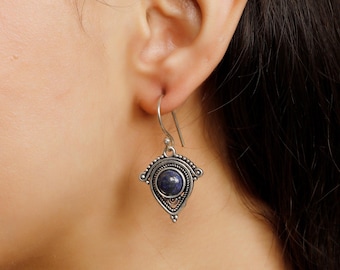 Ethnic Brass Dangle Earrings: Tribal Style Natural Stone Jewelry