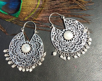 Mandala Gemstone Hoop Bohemian Earrings || Oriental Silver Hoop Earrings With Semi Precious Stones || Ethnic  Gypsy Earrings with Stones