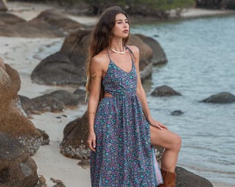 Bohemian Maxi Dress to Tie in the Neck || Floral Print Long Polyester Dress Elasticated In The Back || Flowy Backless Dress With A Side Slit