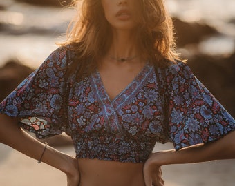 Bohemian Chic Cropped Top || Flared Sleeves Crop Top || Floral Print Top || Butterfly  Short Sleeves Elasticated Top