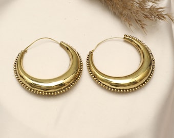 Oversized Tribal Crescent Hoop Earrings |  Large Ethnic Brass Rounded Hoops | Boho Jewelry
