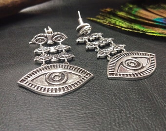 Turkish Eye Silver Dangle Earrings || Boho Amulet Earrings || Protection  Against Evil Eyes Ethnic Earrings