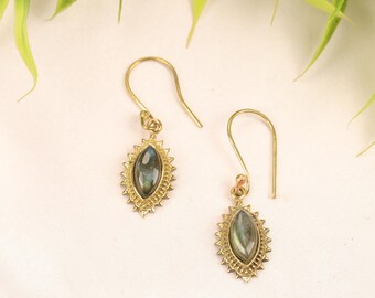 Boho Marquise Stone Earrings | Tribal Brass Drop Earrings | Ethnic Elongated Jewelry | Nomadic Oval Earrings |  Bohemian Style