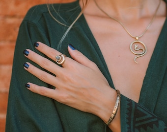 Golden Adjustable Ring || Brass Adjustable Amulet Ring || Golden Ethnic Ring || Half Moon Ring || Bohemian Natural Stones Ring