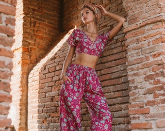 Pink Floral Print Casual Pants || Bohemian Magenta Pants with Pockets || Wide Fluid Pants