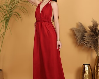 Wine Red Halter Maxi Dress | Boho Backless Viscose Flowy Summer Dress