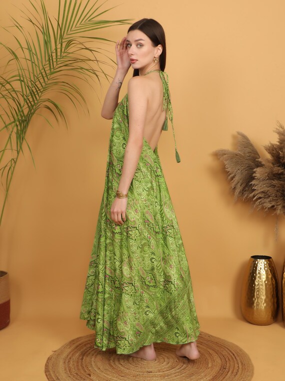 green halter summer dress Boho Maxi Dress, Paisley Print | Loose Fit Dress | Backless Bohemian Dress, Festival Outfit | Free Size feminine tiered dress